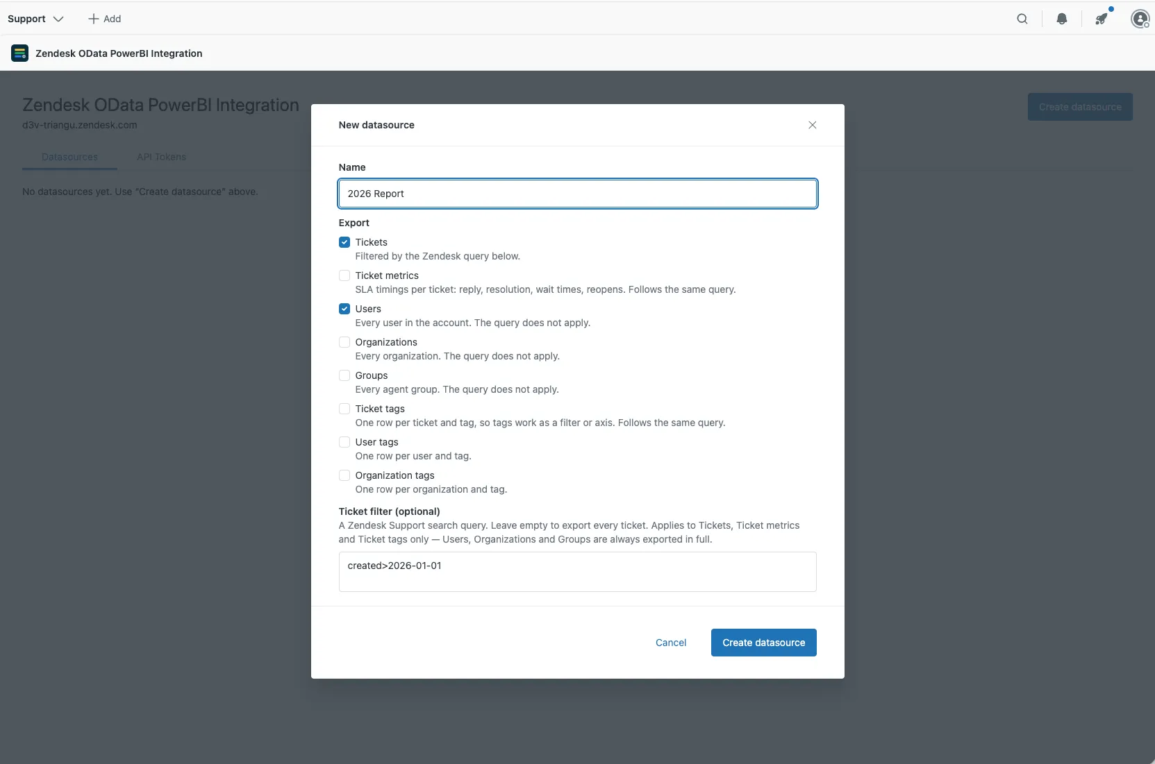 The New datasource dialog: name, the list of tables to export, and the optional ticket filter