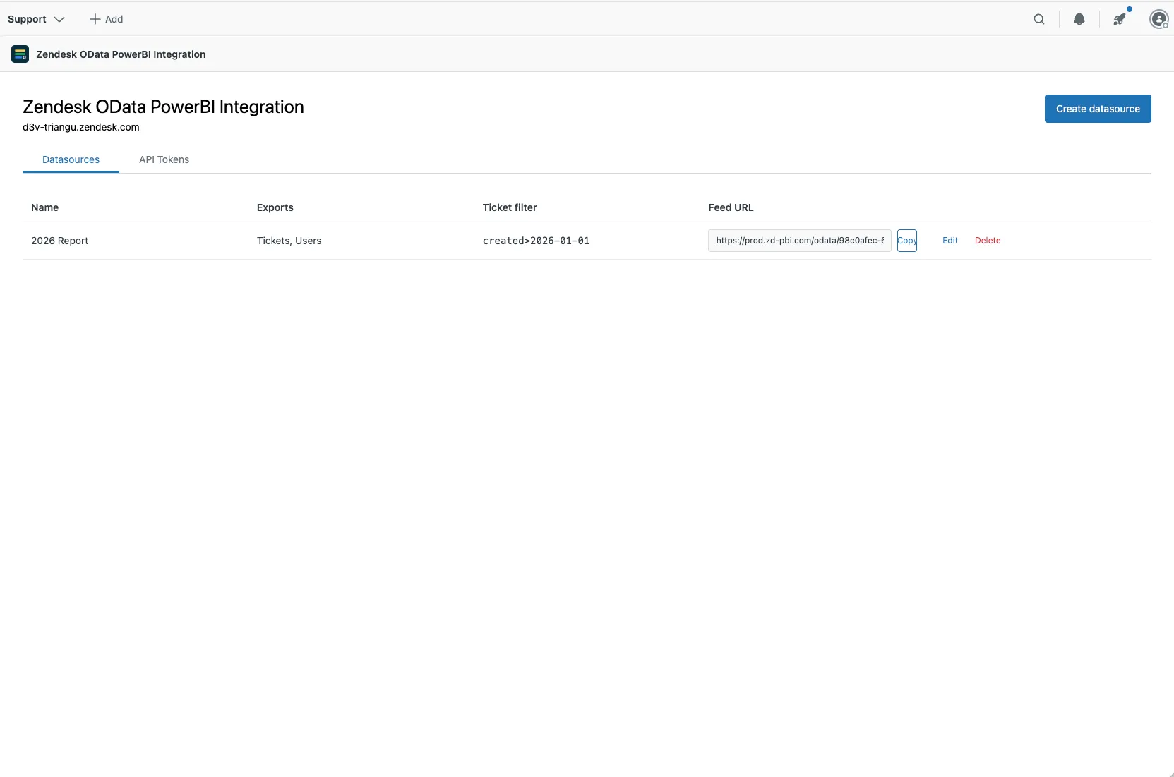The Datasources tab listing one datasource with its tables, ticket filter and feed URL